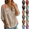 Damen Blumenstickerei Henley-Kragen Knopfleiste Hemd Dreiviertelarm Baumwolle Leinen Oberteil Lässige Bluse