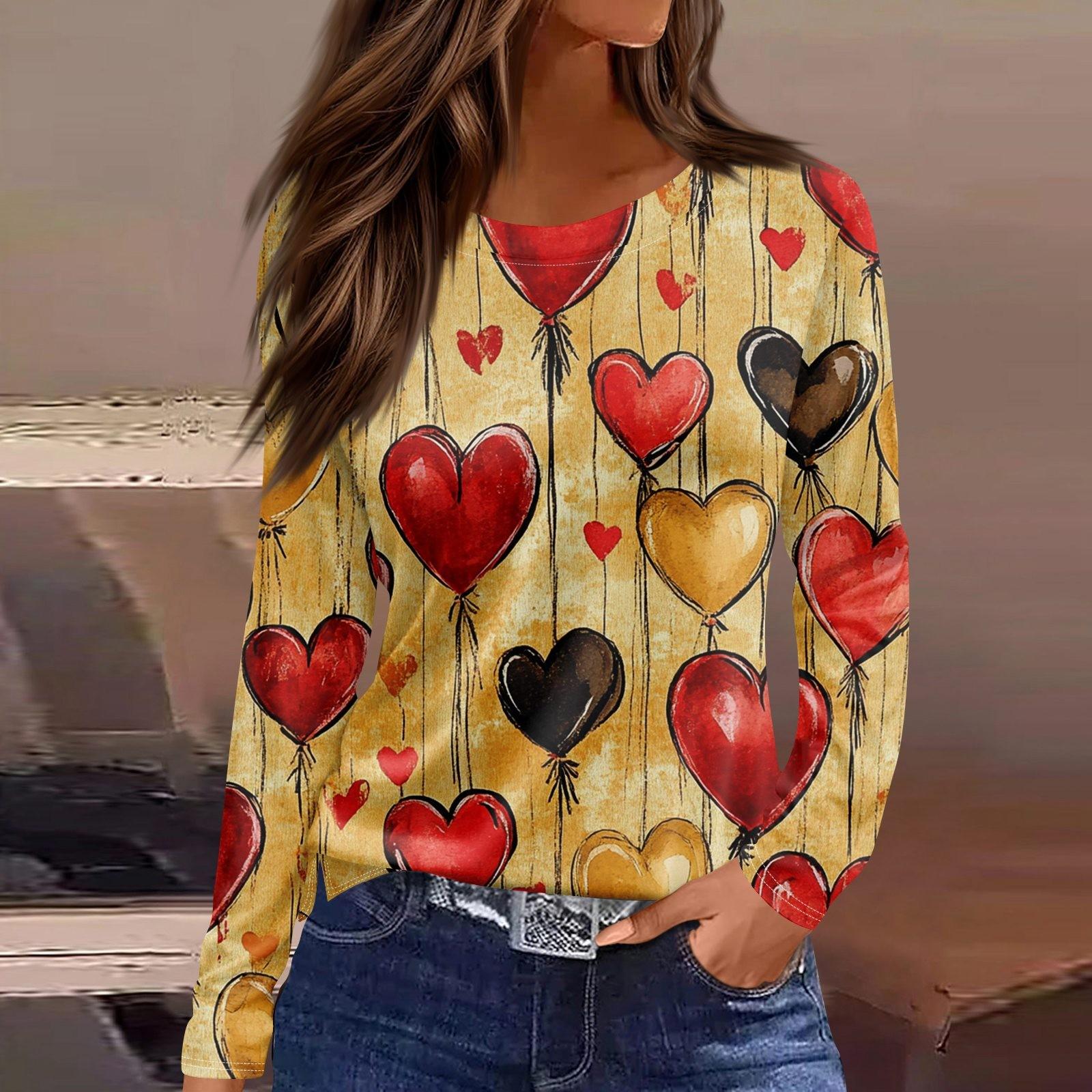 

Женская мода День святого Валентина принтованный круглый вырез повседневный длинный рукав топ XXL