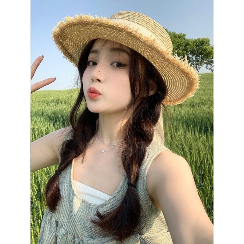 Summer Small Fresh Flat Hat Women's Seaside Vacation Visor Braided Bow Strap Sun Hat