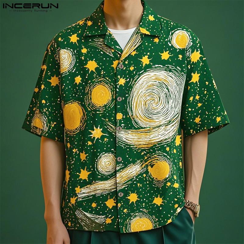 INCERUN Oversized Men Casual Lapel Neck Short Sleeve Printing Buttons Shirts