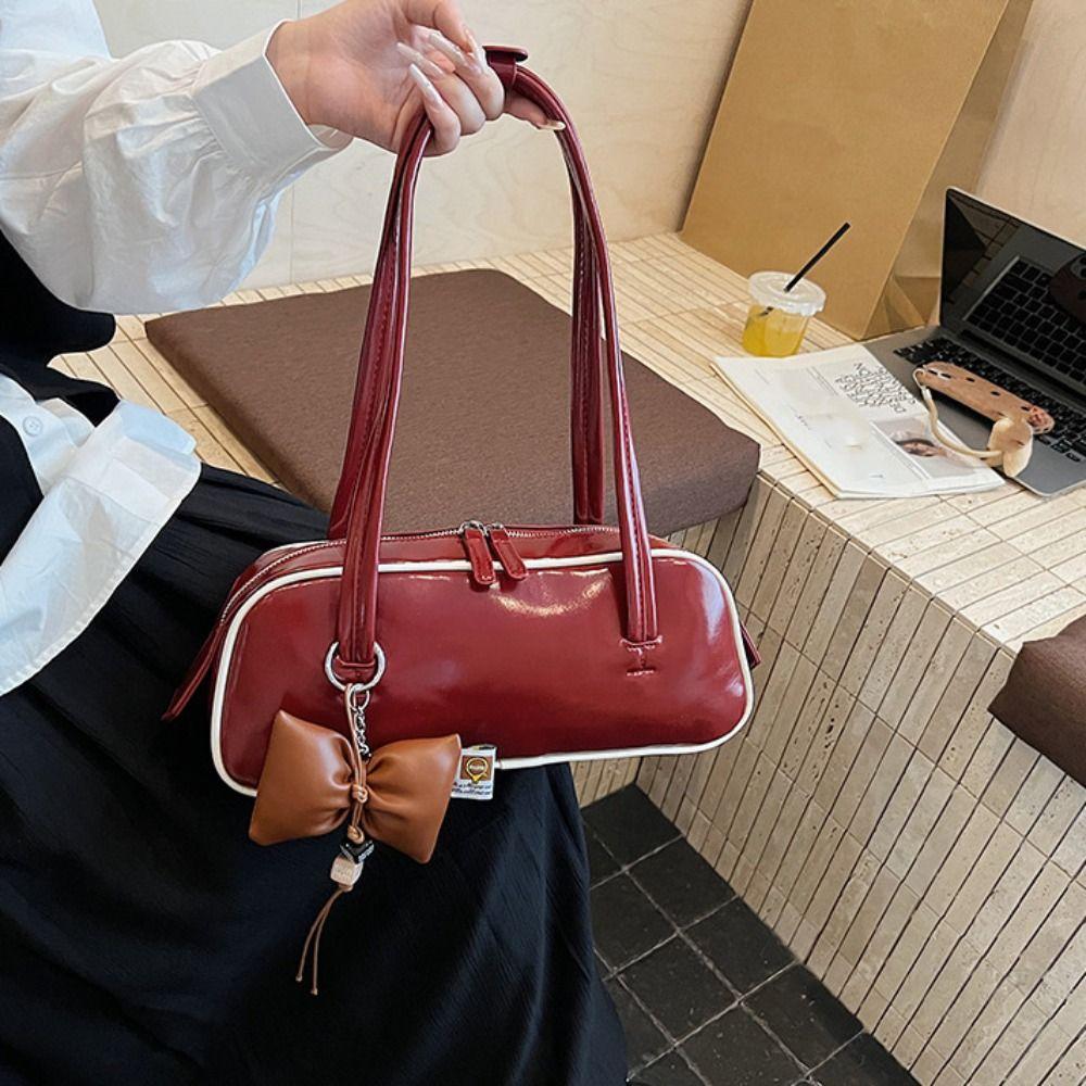 Elegant Pu Bowling Bag Large Capacity Women Handbags Vintage Boston Shoulder Bag Girls