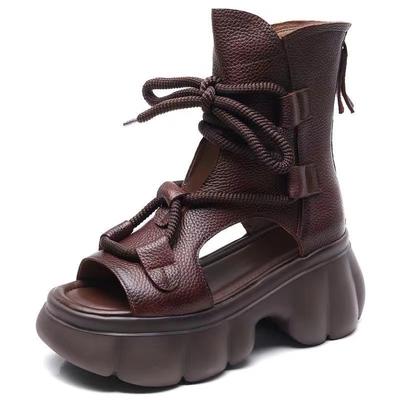 Fashion 2024 New High Quality Women Sandals Handmade Retro Wedges Heel Sandals Ladies Summer Back Zipper Platform Roman Cool Boots