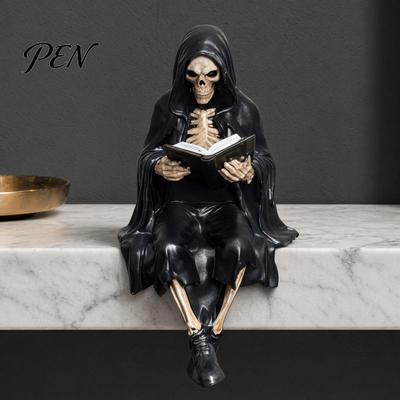 Halloween Skeleton Statue Reading Book Figurine, Spooky Devil Resin Sculpture, Gothic Decoration Black Robe Grim Reaper for Home Office Bookshelf