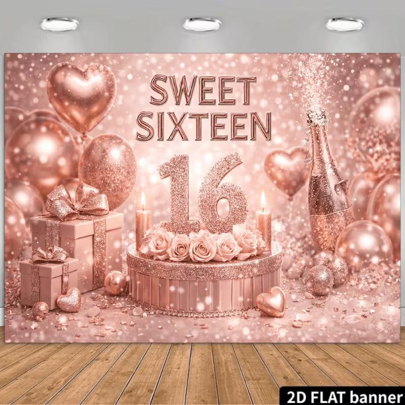 2D Rose Gold Sweet Sixteen Backdrop 16th Birthday Party Background 47.2x31.5inch/120*80cm