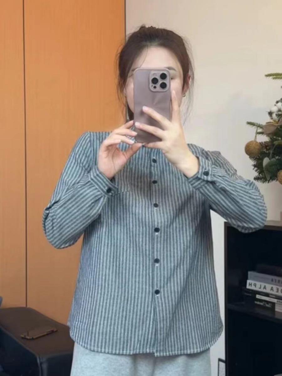 

Корейская полосатая рубашка с длинным рукавом для женщин - Весна 2025 Повседневная универсальная вещь для многослойности Medium серый