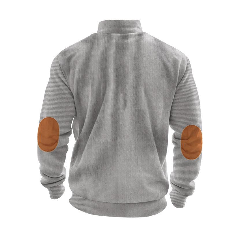 New Men's Autumn Casual Corduroy Solid-Colour Elbow-Patch Zip-Up Hooded Sweatshirt with Stand-Up Collar