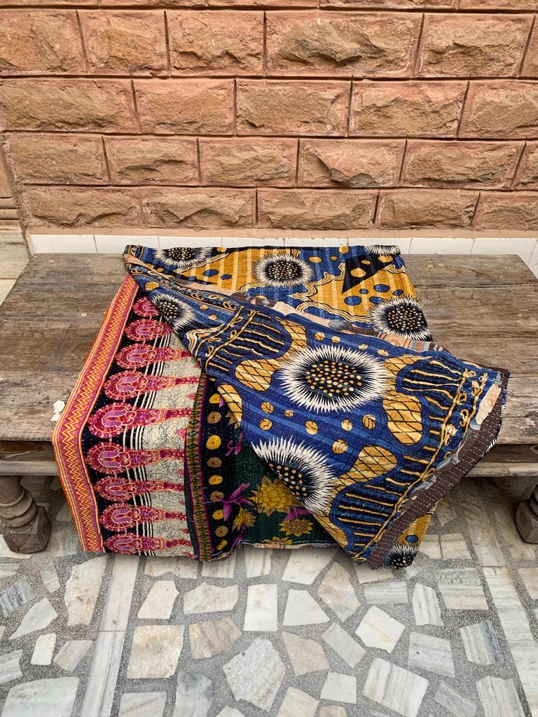 Vintage Kantha Quilt: Abstract Boho Patchwork Throw Blanket