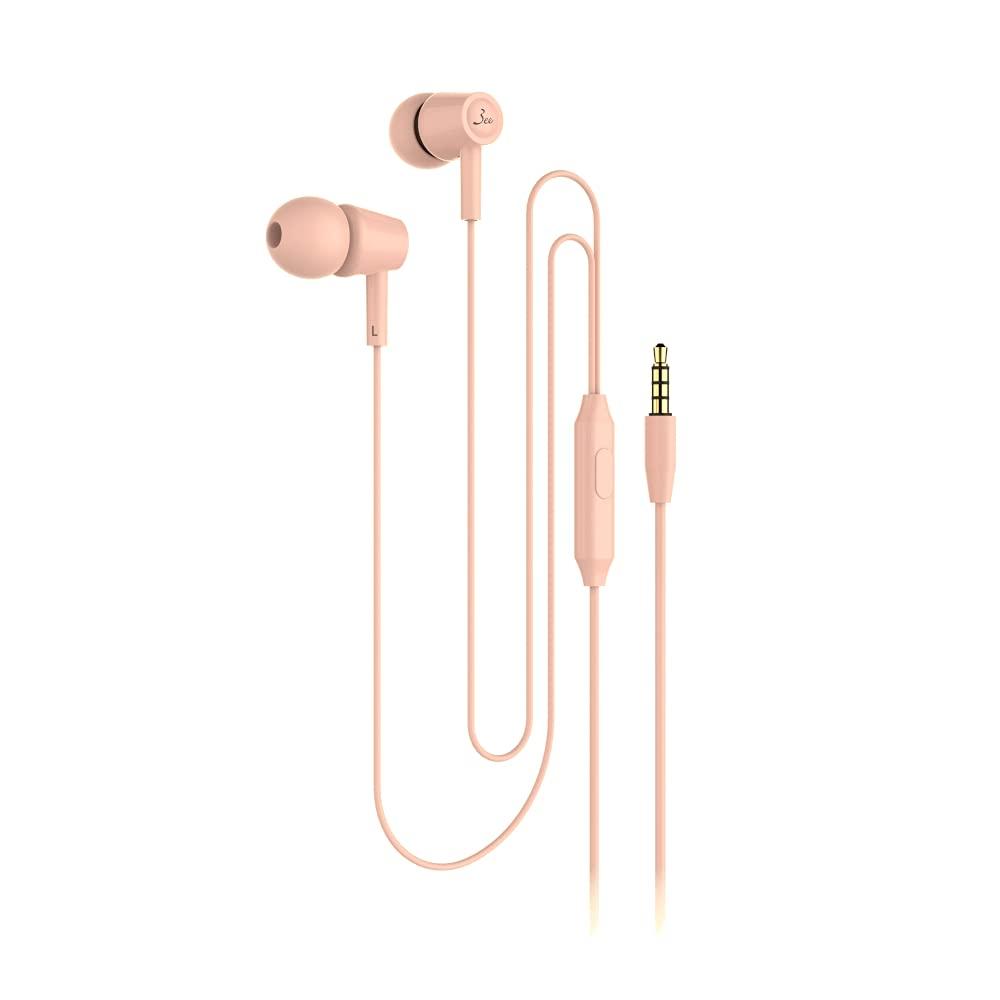 3ee UAG01 Wired Earphones, Closed-Back, 1.2m, Dynamic Type with Microphone, Voice Recognition (Siri, Google Assistant), Black (Light Pink), Medium
