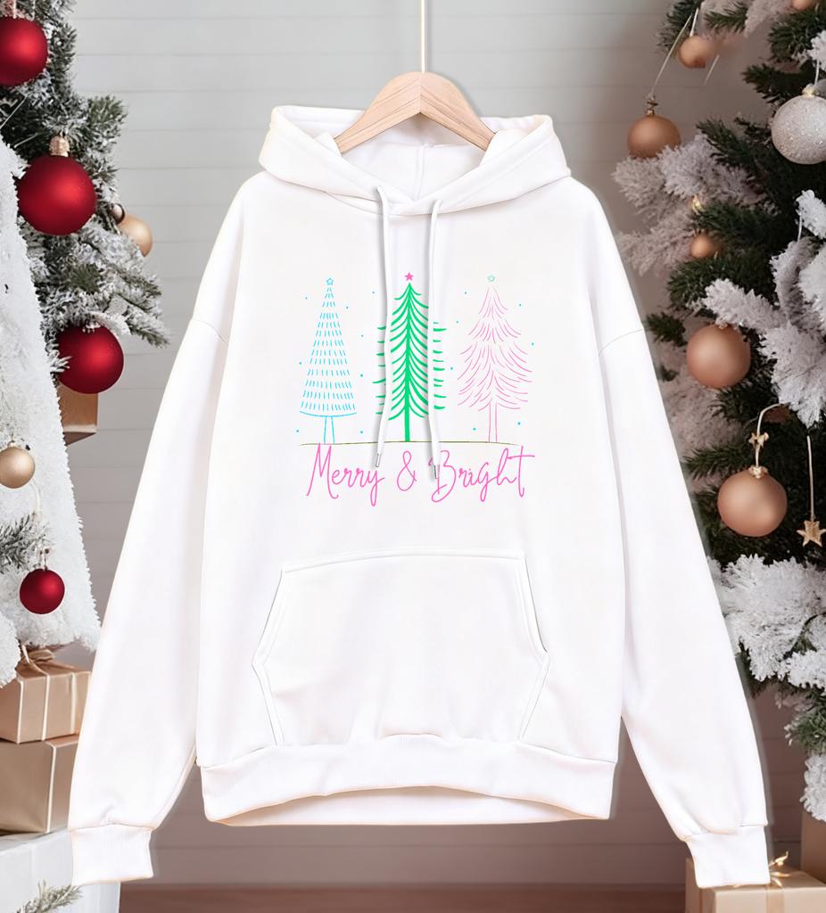 Merry Bright Christmas Trees Printing Men Hoodies Loose Casual Hoody Autumn Fleece Streetwear All-Match Pocket Pullovers
