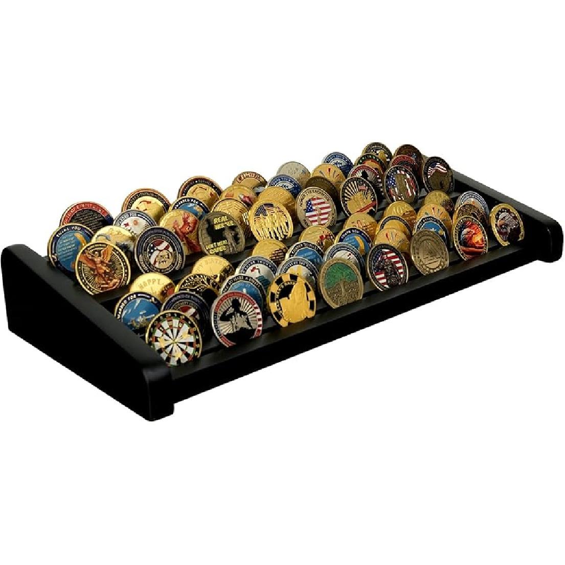 8 Rows Military Challenge Coin Display Stand - Holds 60-70 Coins, Solid Wood Army Police Coin Rack Display Holder for Desktop, Mahogany Black Finish 8 Rows