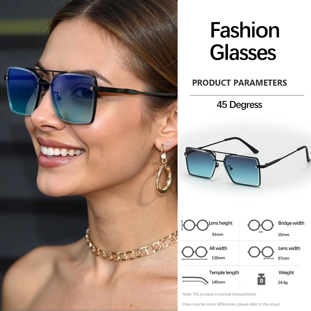 Vintage Square Double Bridge Sunglasses For Women With Golden Metal Frame And Chain Decoration Light Luxury Women Glasses