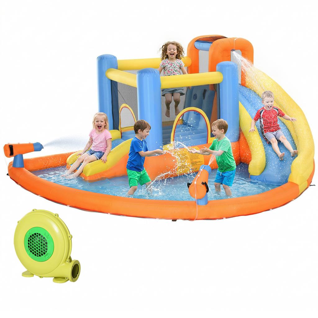 5 In 1 Bouncy Castle for Children, Inflatable Bounce House with Dual Slides, Pool, Climbing Wall, Water Cannons, Blower