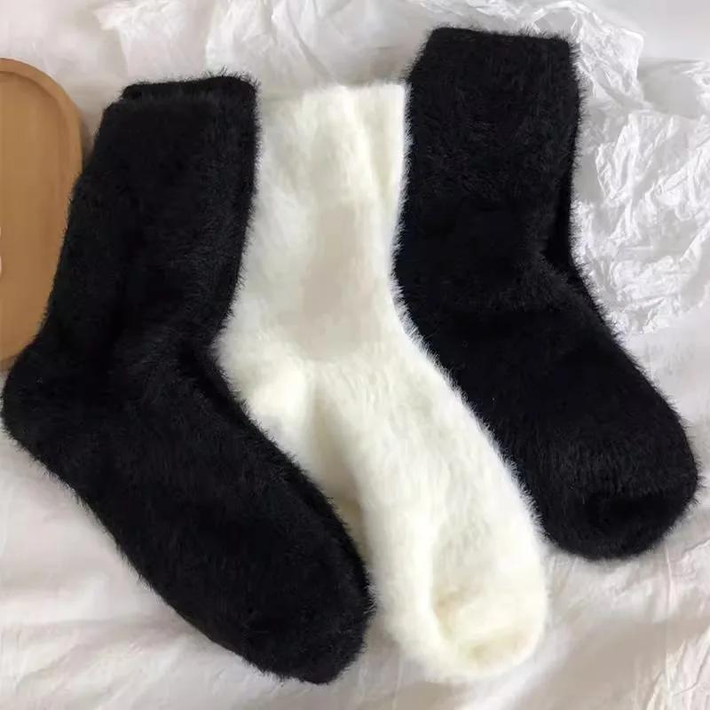 Thickened Fleece-Lined Mink-Like Socks Women's Mid-Calf Autumn Winter Warm Black White Sleep Woolen Socks For Men And Women