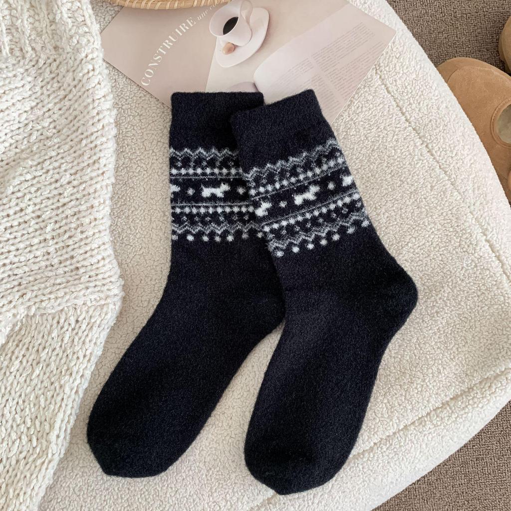 Fair Isle Puppy Bow Mid-Calf Wool Socks - Cozy Autumn/Winter Japanese Style Women's Warmth