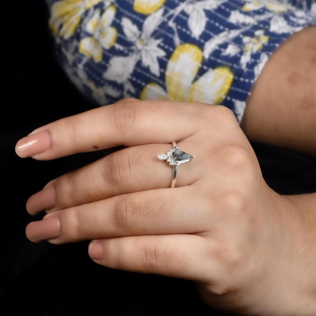 Vintage Moss Agate Promise Ring with CZ Halo | Nature Inspired Sterling Silver Ring | Moss Agate & Cubic Zirconia Engagement Ring