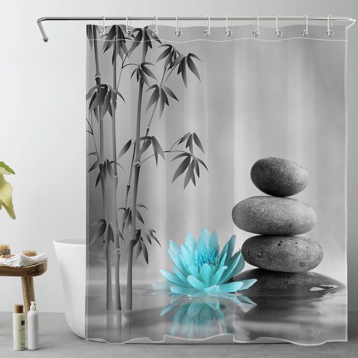 

Zen Spa Shower Curtain Grey Bamboo Stone With Teal Water Lily In Water Bathroom Shower Curtain Teal And Gray Bathroom Curtain W60H190(CM)-1 Pcs
