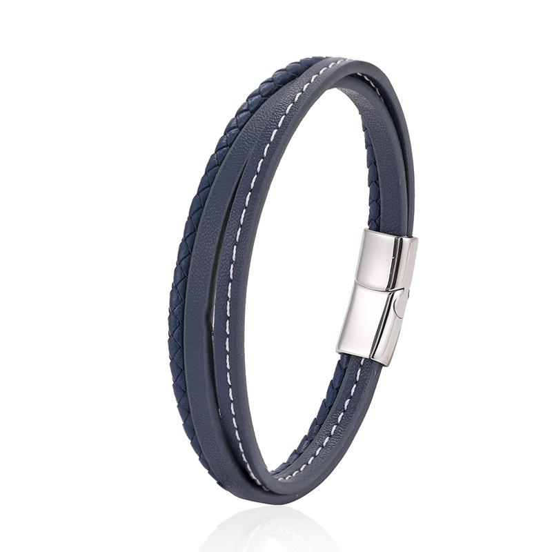 

Fashion Blue Leather Bracelets Men Boys Stainless Steel Clasp Multilayer Braided Rope Bracelet for Male Female Bracelets Jewelry 20.5cm
