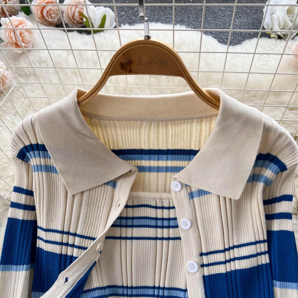 Autumn and Winter Small Fragrant Wind Stripes Collision Color Sexy Lapel Striped Knit Shirt Plus Halter Dress Two-piece