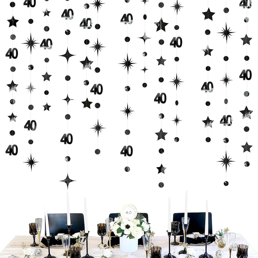 Champagne Gold 40th Birthday Decorations Number 40 Circle Dot Twinkle Star Garland Streamer Banner Backdrop for Women Mens Cheers To 40 Years Old