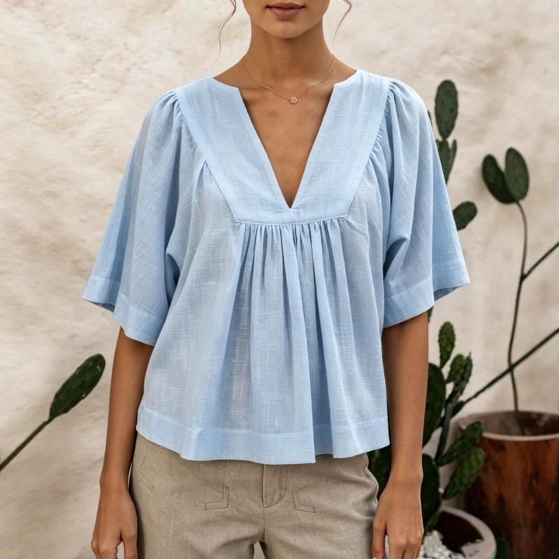 Women Casual Fashion Versatile V Neck Solid Color Shirt