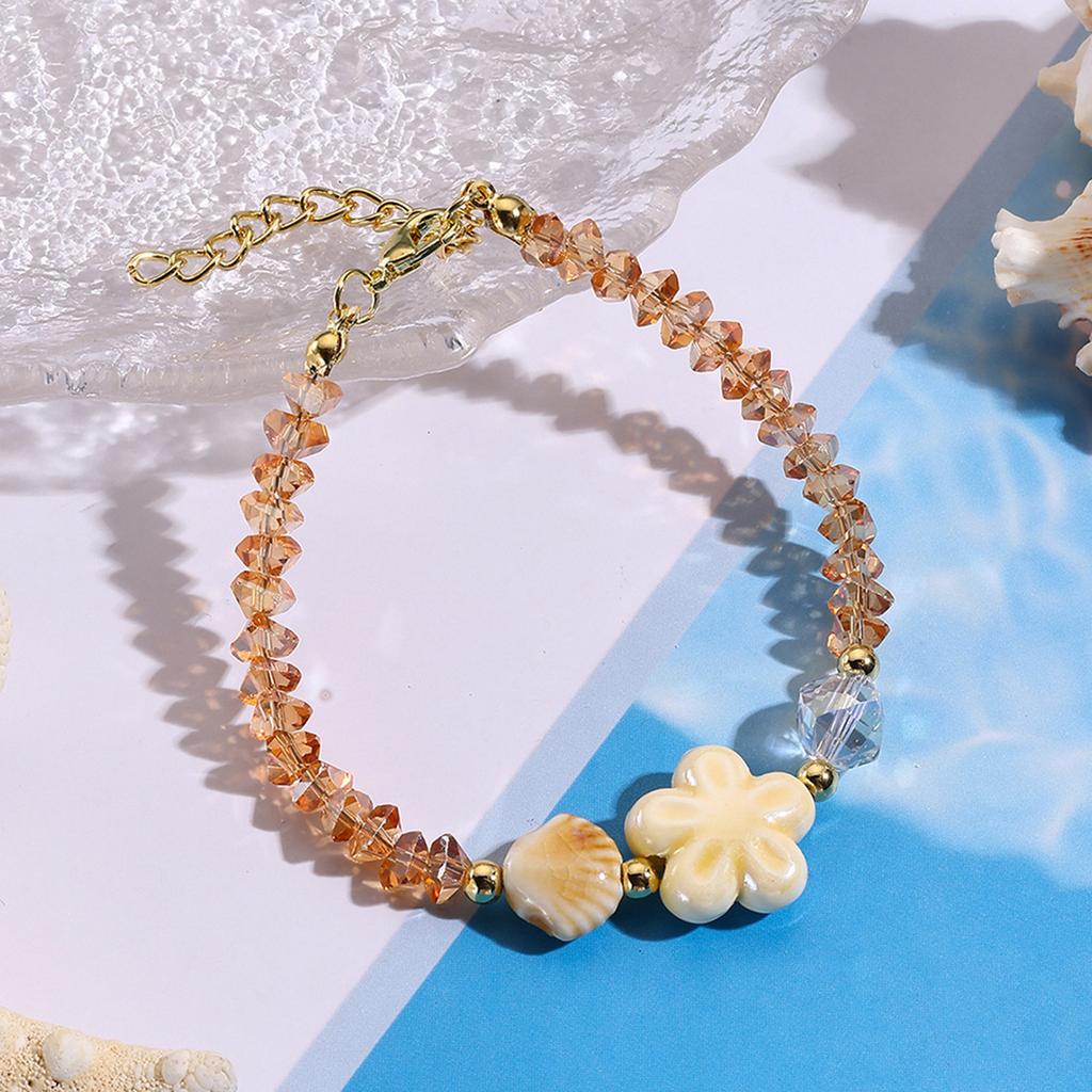 Handmade Ceramic Starfish Snail Beaded Bracelet With Sweet Crystals Accent Adjustable Length for Women Girls