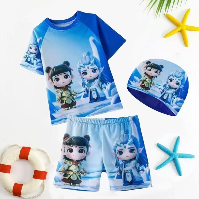 Boys Swimwear Set With Nezha Ao Bing Cartoon Print Quick-Dry Short Sleeve Top Shorts Including Matching Cap