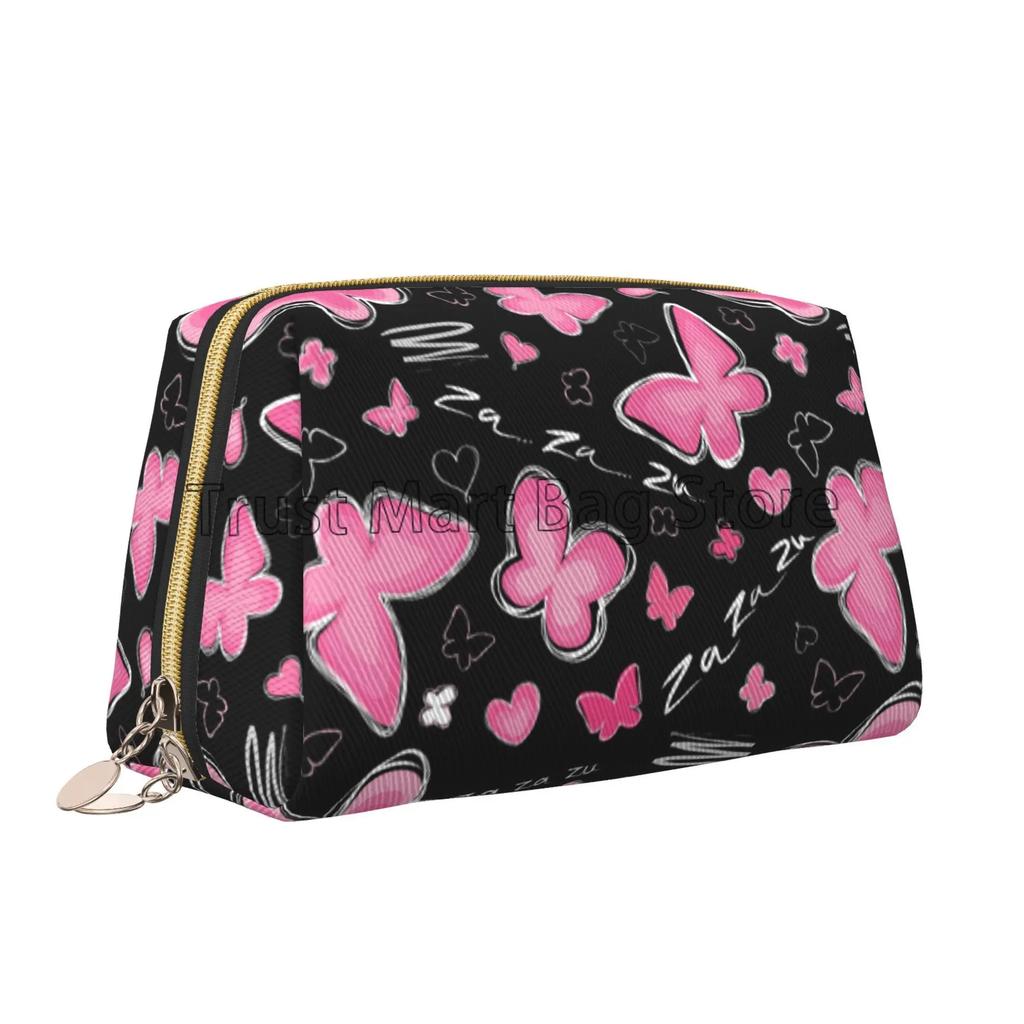 White Floral with Colorful Butterflies Print Leather Makeup Bag Large Capacity Travel Storage Pouch Cosmetic Bag for Women