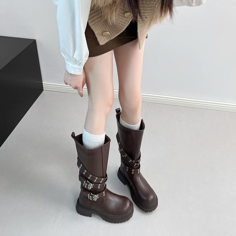 British platform knight boots belt buckle retro medium tube thick heel boots women's big tube circumference Spice girl western cowboy boots