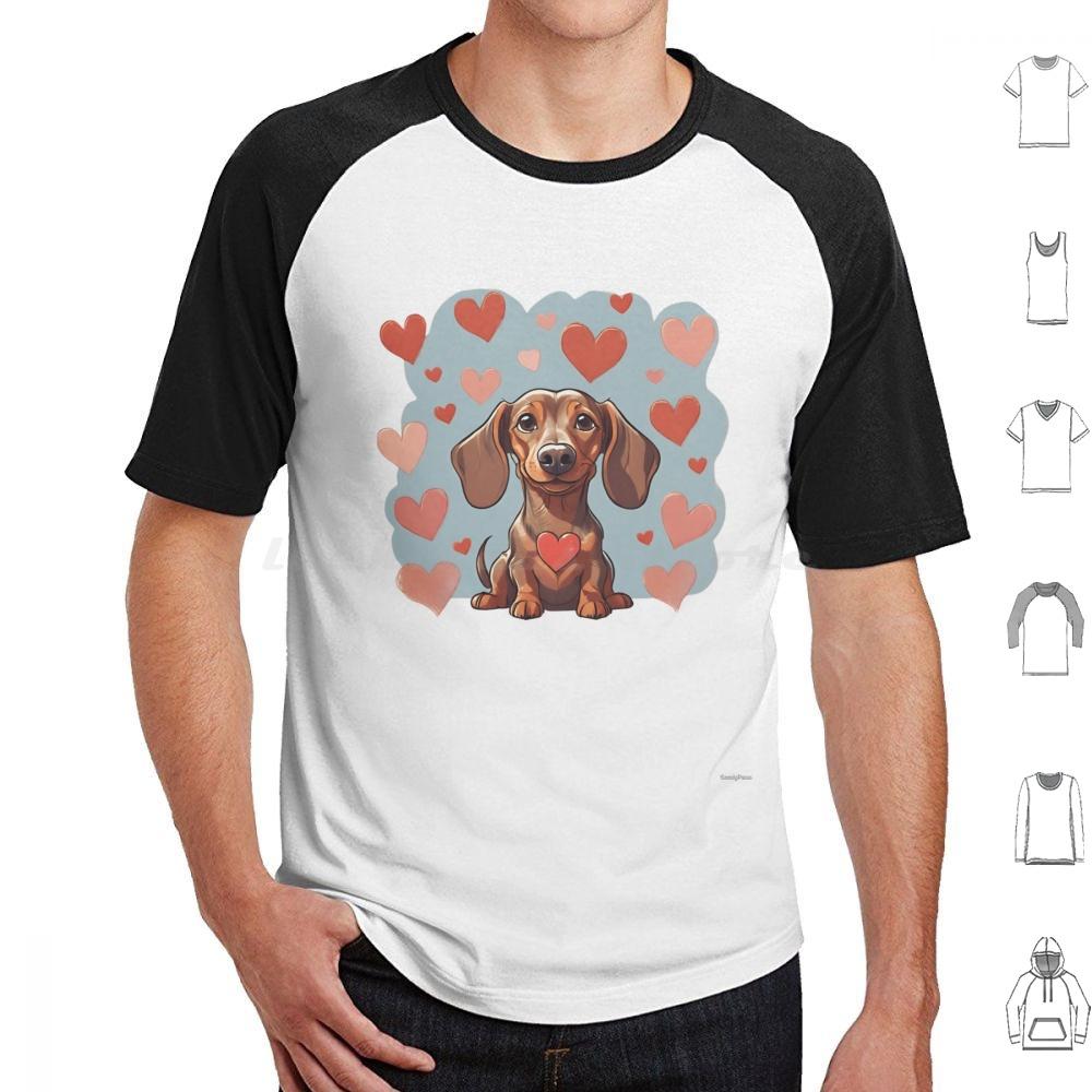 Cute Valentine Daschound Dog T Shirt Cotton Men Women DIY Print Dog Breeds Cute Dog Dog With Hearts Valentine Dog Animals