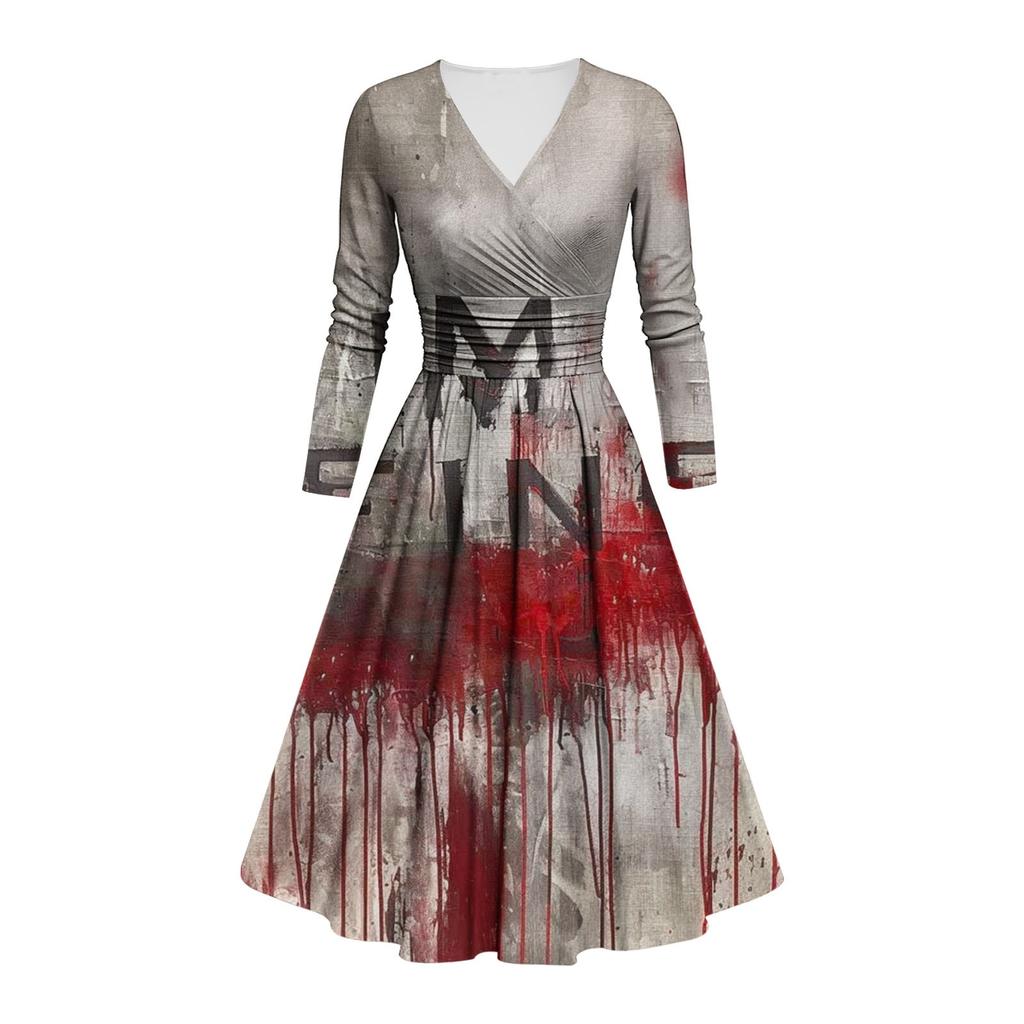 Kvinners mote V-hals Ruffle Langermet Halloween Print Slim Fit Gown Casual Dress