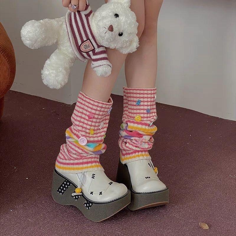 Ankola Red Colorful Y2K Hot Girl Striped Leg Warmers Contrast Color Style Slouchy Knitted Wool Leg Sleeves