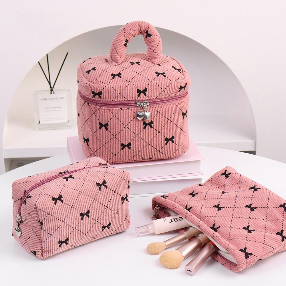 

Fashion Bow Women Corduroy Makeup Storage Bag Large Capacity Travel Organizer Cosmetic Pouch Small Handbag Zipper Clutch Bag Square розовый