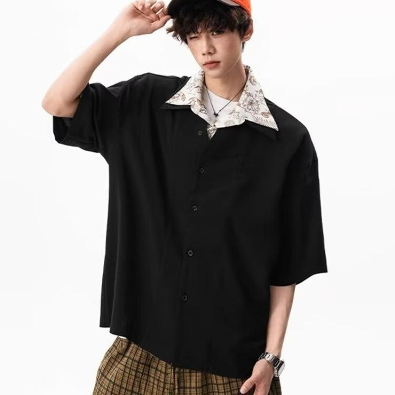 

Men Floral Contrast Collar Short Sleeve Button Down Shirt Oversized Casual Lapel Shirt for Men M чёрный
