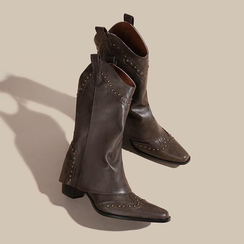 Retro Short Boots Brown Boots Fashion Western Cowboy Boots Riveted Chelsea Medium Tube Boots Women