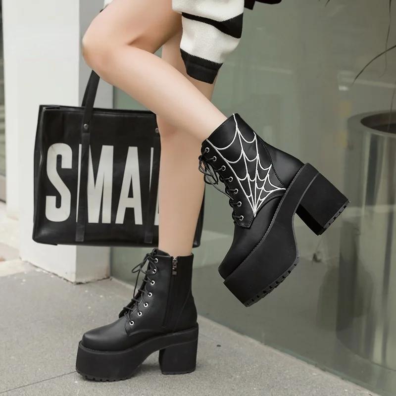 Fashion Women's Platform Chunky High Heel Ankle Boots Black Buckle Strap Lace Up Side Zipper Motorcycle Boots Punk Style Shoes