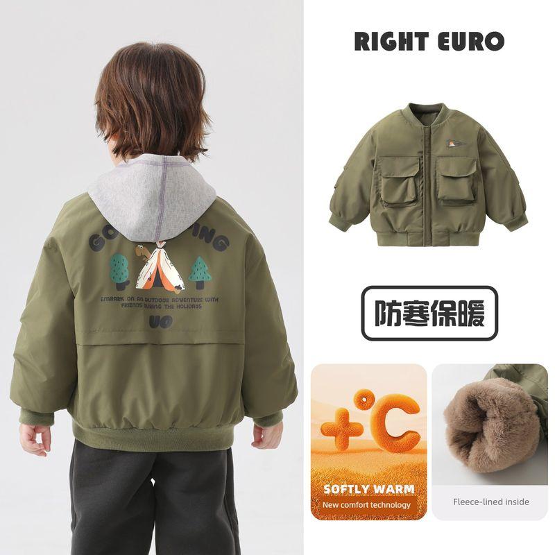 Right-Ou Boys  Waterproof Thickened Baseball Cotton Jacket with Fleece Lining, Warm Children s Winter 2025 New Trendy Style Army Green 90cm