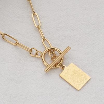 Stainless Steel Ot Buckle Square Brand Pendant Necklace, Star Moon Flower Necklace Sweater Chain