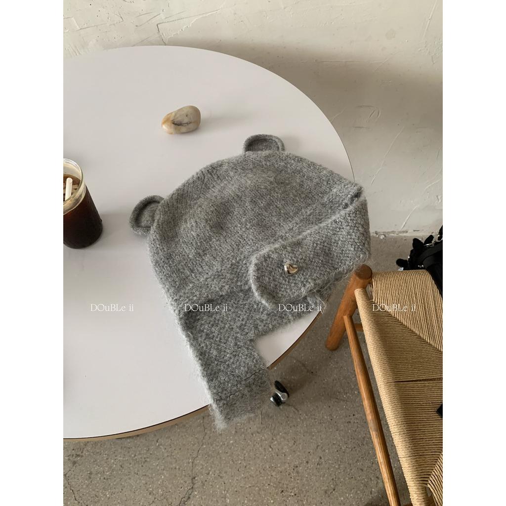 Double i i cute little ears knitted wool hat women's warm ear protection Lei Feng hat shows small face