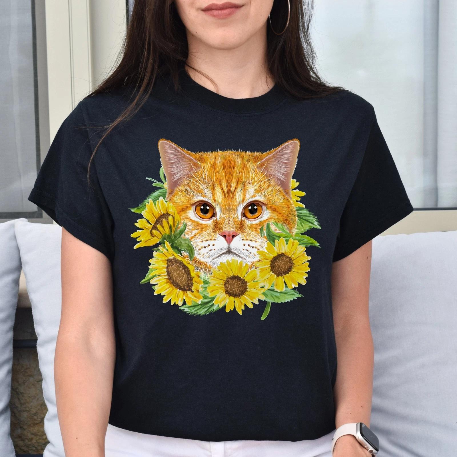 Cat with flowers Unisex shirt cat sunflowers tee Black Dark Heather S