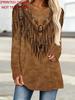Women's Western Bohemian Fringe Printed Round Neck Long-sleeved Top, Retro Distressed Brown Ethnic Style Loose Casual Pullover T-shirt
