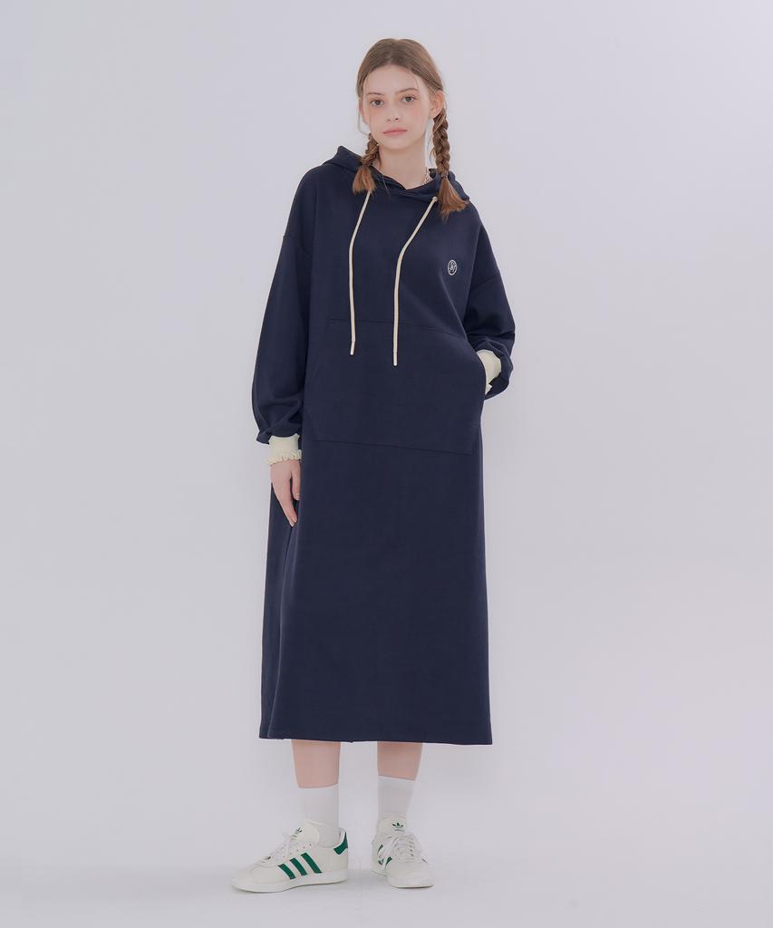 Metapeo Shirred Point Hooded Long Dress Navy
