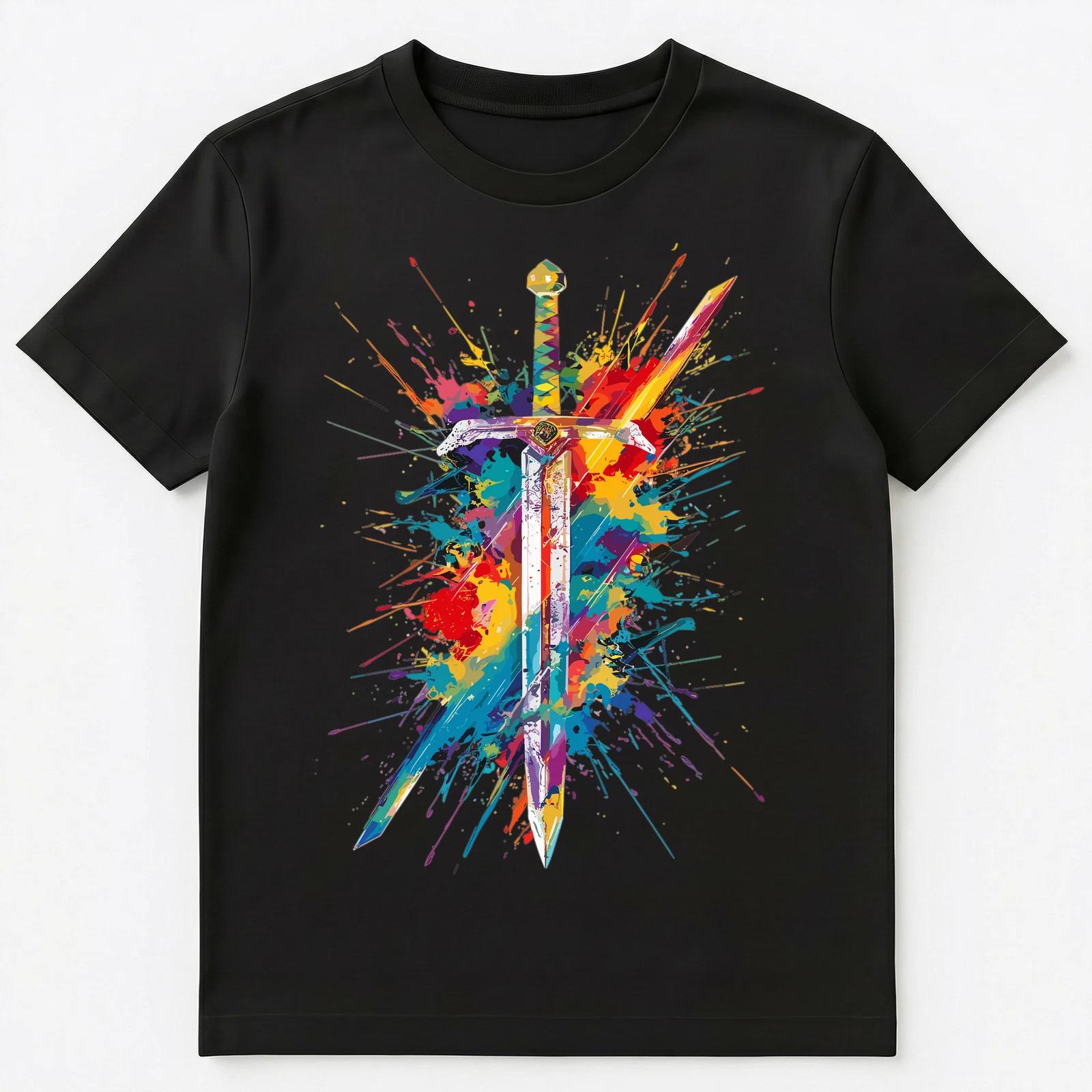 

Colorful Paint Splash Medieval Sword Art Graphic Unisex T-Shirt L
