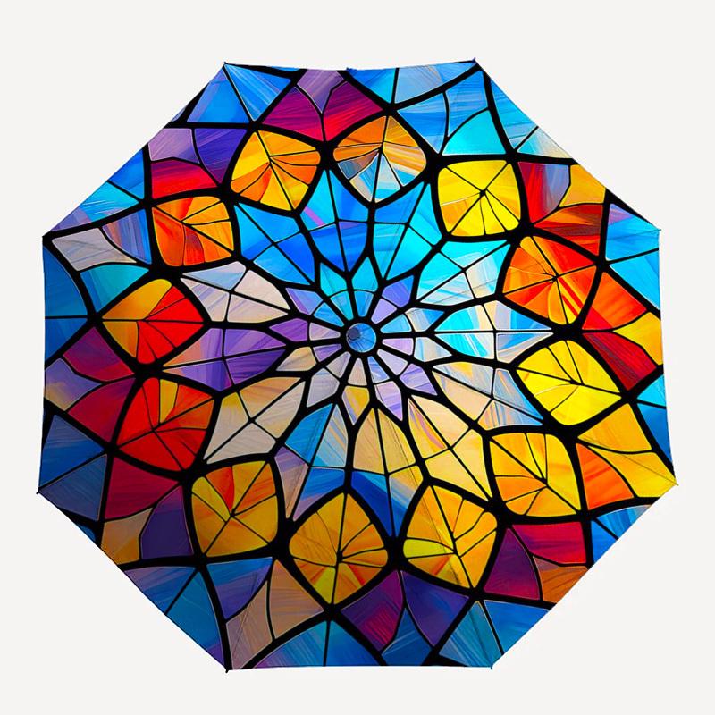 1pc Stained Glass Mandala Design Automatic Folding Umbrella - Portable 3-Fold Design, 8-Bone Iron Frame Outdoor Umbrella, Perfect Festival Gift for Fa