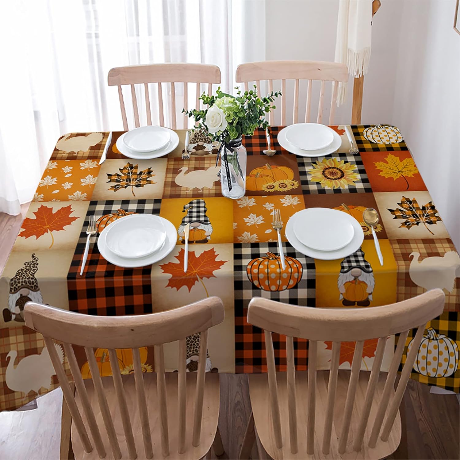 

Fall Pumpkin Turkey Maple Leaf Gnome Waterproof Tablecloth Table Decor Washable Kitchen Dining Tablecloth Holiday Party Decor 50x50cm napkin