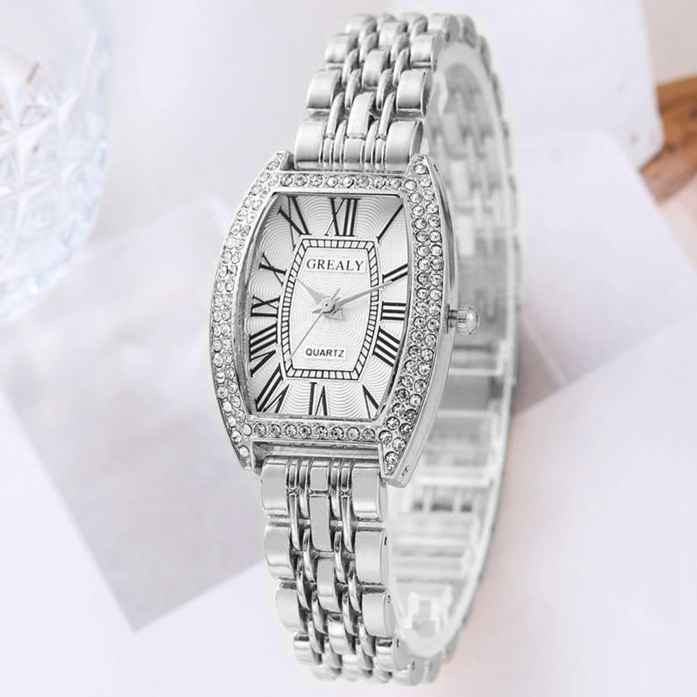 Luxus Damen-Armbanduhr mit Strass-Fass-Zifferblatt und römischen Ziffern - Modisch und lässig
