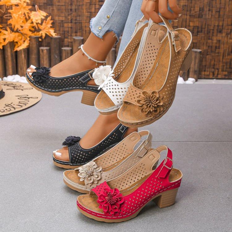 2025 spring and summer new foreign trade high-heeled sandals women's shoes one-word with hollow flower sandals fish mouth thick heel sandals women