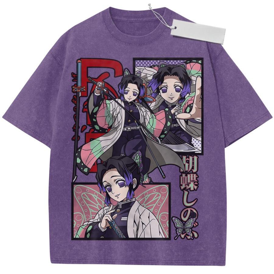 Unisex Washed Purple Vintage Tshirt Demon Slayer Shinobu Kocho Butterfly Highquality Fabric for Home Leisure Travel Shopping