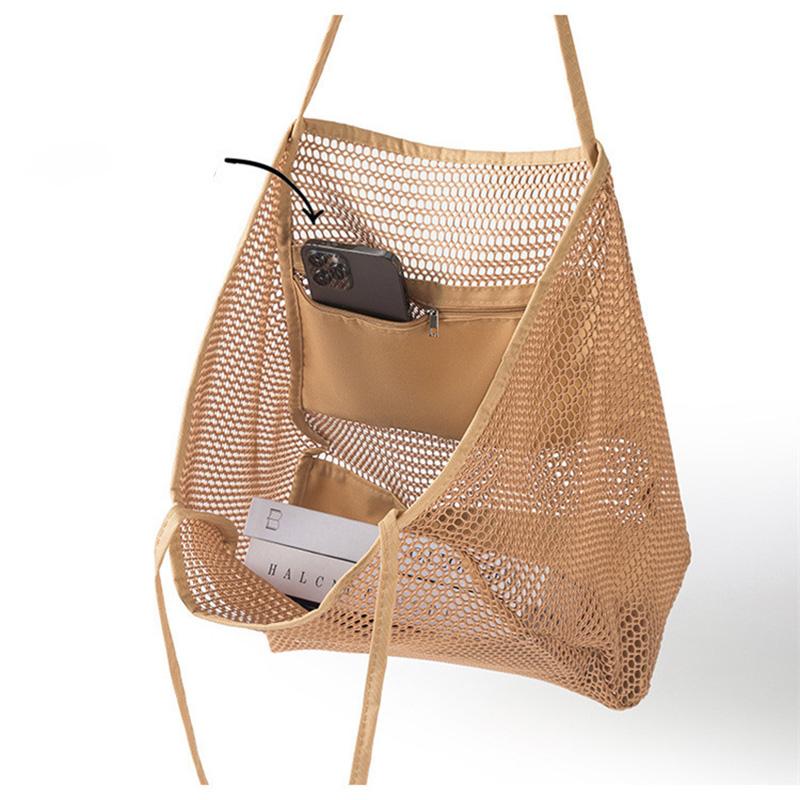 Mesh Beach Bag Large Capacity Simple Travel Shoulder Bag Hollow Handbag Toiletry Swimming Storage Bag for Outdoor Travel