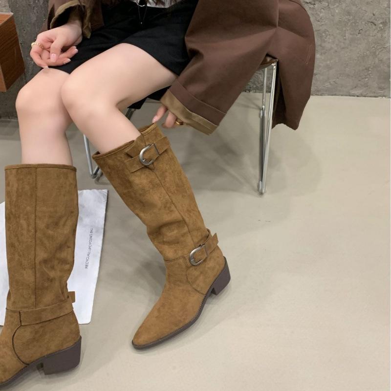 2025 New Fashion British Style Belt Buckle Splicing Western Cowboy Boots Pointed Head Thick Heel Sleeve Fashion Knight