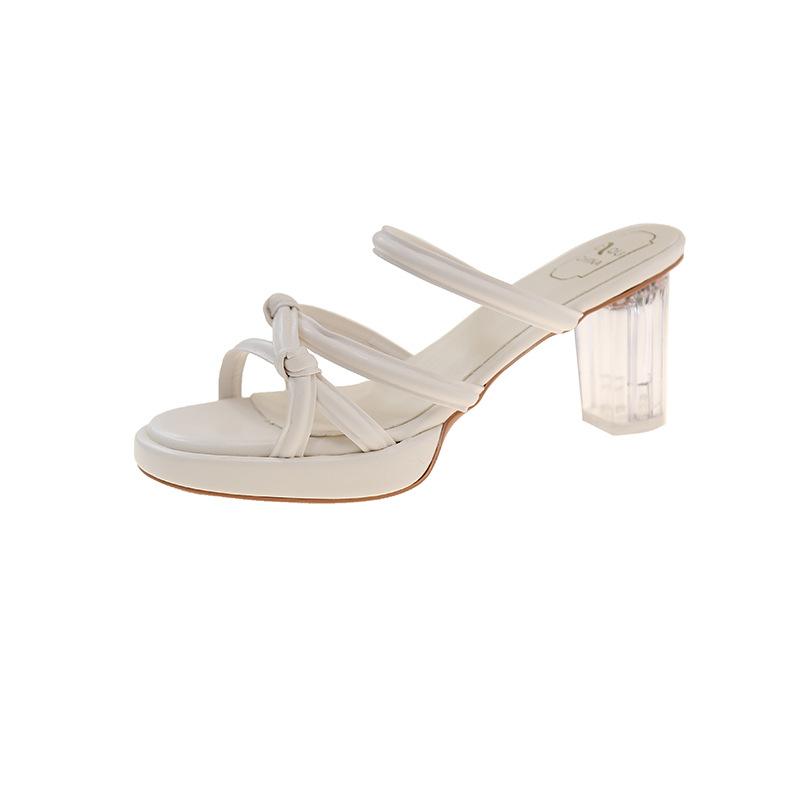 

2025 summer new high-heeled thick-heeled slippers women s outerwear with skirts transparent thick-heeled simple one-word sandals 35